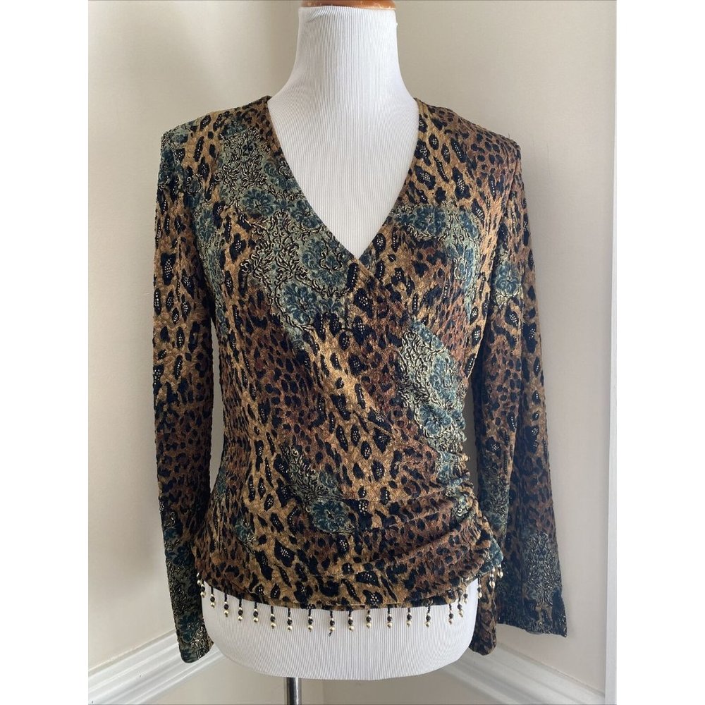 Vtg Ronni Nicole Top Women Large Brown Surplice V-neck Blouse Beaded Leopard Y2K